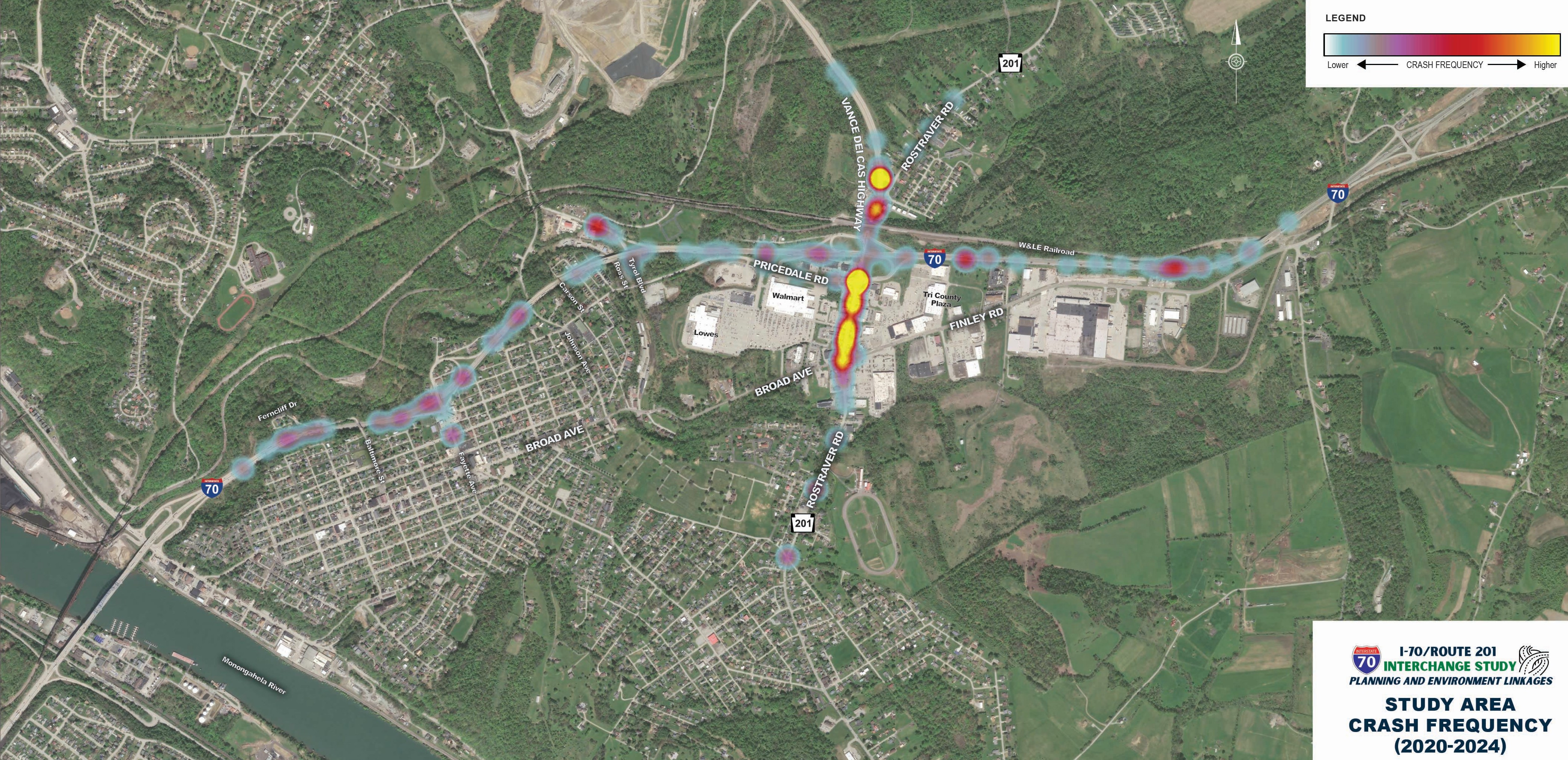 A heat map of the I-70 at Route 201 Interchange PEL Study project area showing a range of lower to higher crash frequency areas.