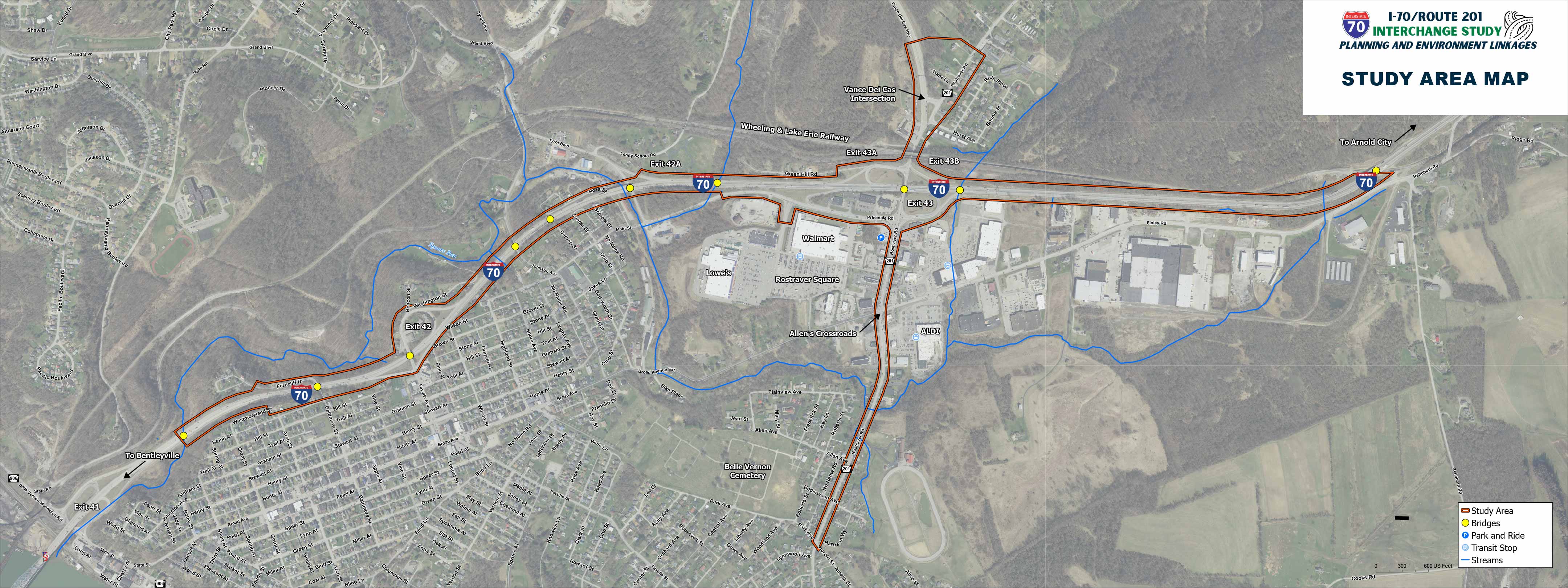 A map of the I-70 at Route 201 Interchange PEL Study project area showing bridges, park and rides, transit stops, and streams.